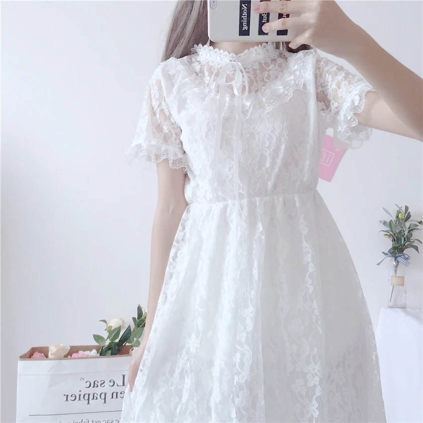 

Sweet Dress Female Lace Bow Short Sleeve High Waist Dress 2019 New Japanese Lolita Cute Stuff Dress Women