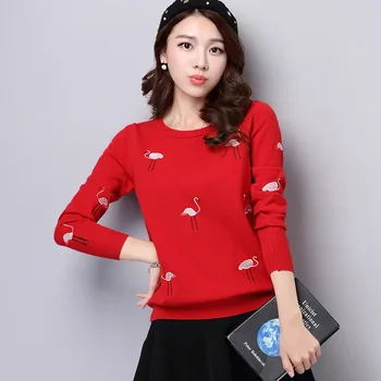 

New Korean embroidered knitted sweater with round collar and long sleeves for women in autumn and winter of 2020