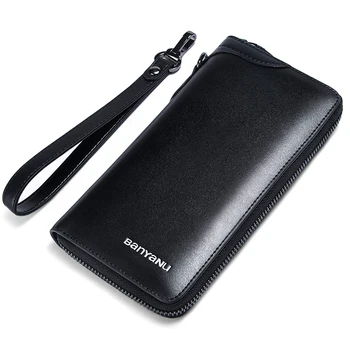 

Vintage Genuine Leather Men Wallet Zipper Wallets Long Oil Wax Leather Male Clutch New Solid Purse Card Holder Wallet Black