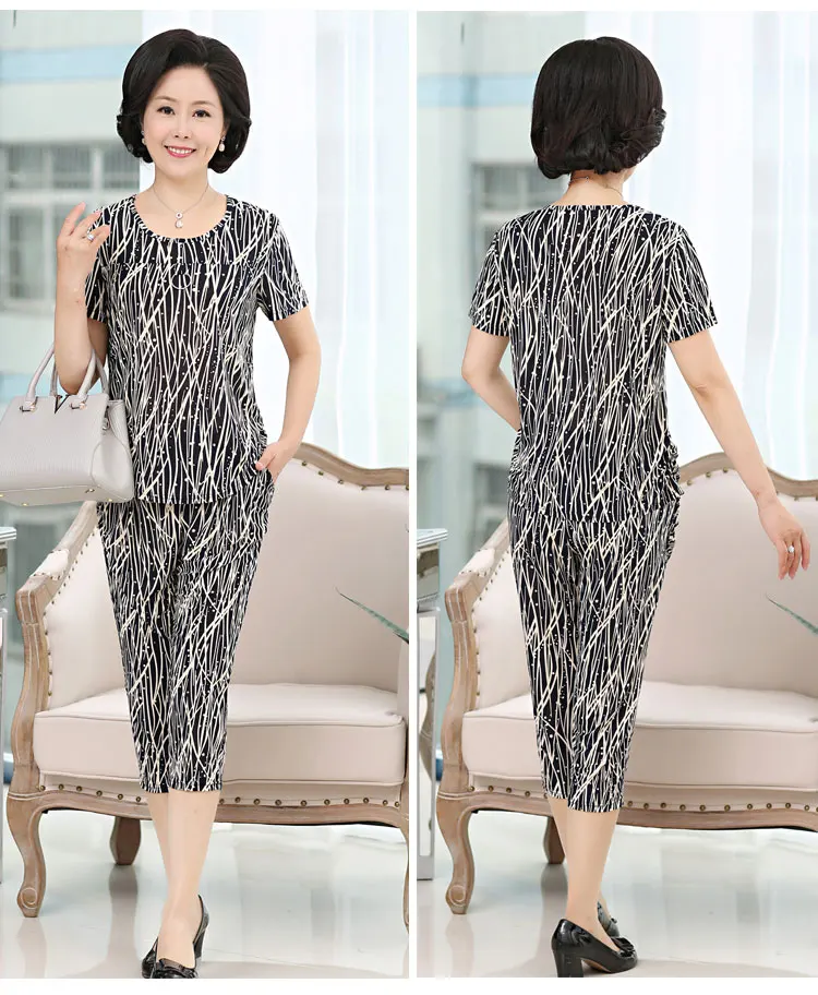 Summer Milk silk short-sleeved suit middle-aged women plus size print tops +pants suit grandmother loose 2 pieces suits AS1002