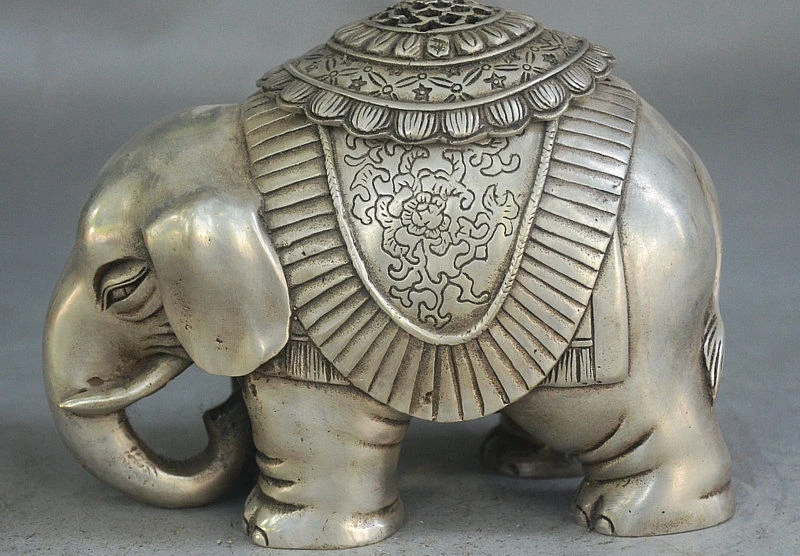 

5" Old Tibet Buddhism Silver Jixiang Ruyi Eleophant Statue Incense Burner Censer