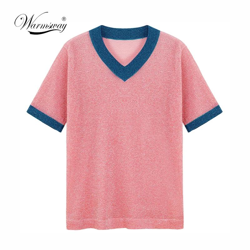 Warmsway fashion women brief color block shiny thread casual knitted t shirt ladies summer meryl knit tee tops   B-104