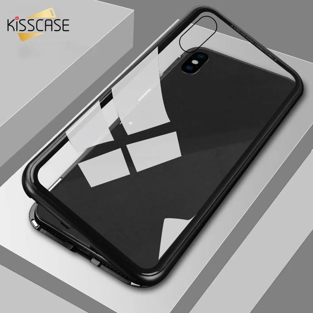 

KISSCASE Magnetic Adsorption Tempered Glass Case For iPhone XS X 8 Plus 8 Metal Magnet Glass Case For iPhone XS Max XR 6 Plus 6