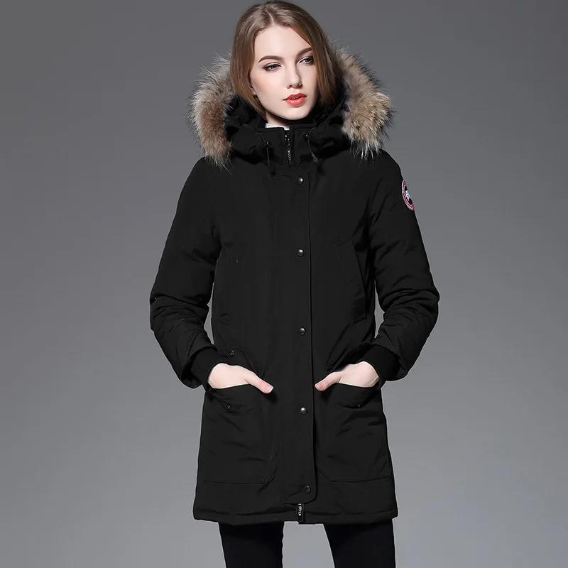 

European station raccoon collar medium and long down jacket Ladies Large Size couples thick jacket manufacturers wholesale