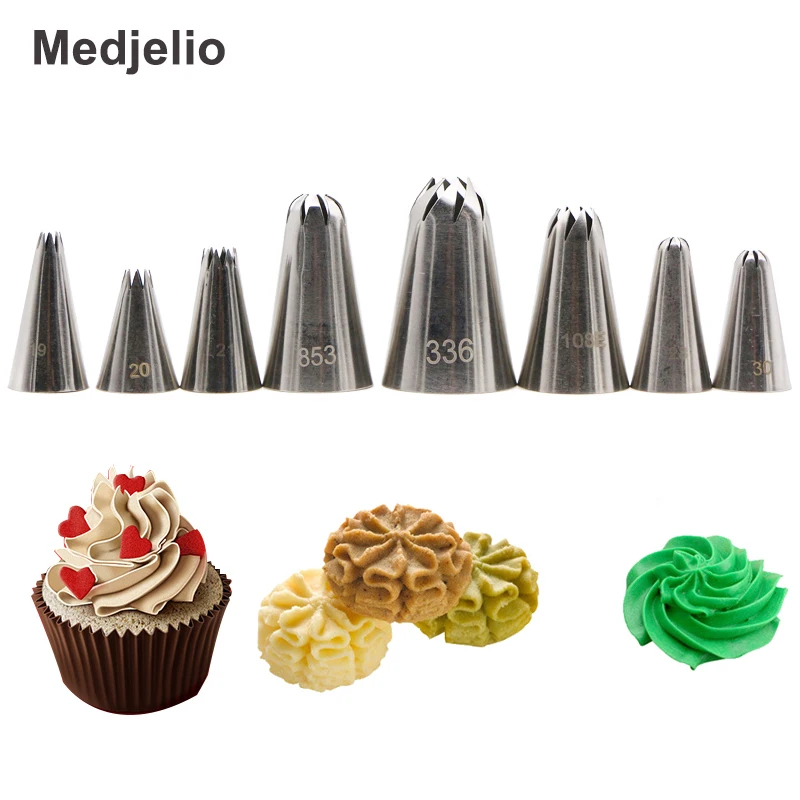 

Medjelio 8PCS Different Size French Groove Nozzles Pastry Big Swirl Icing Piping Tips 2D Rose Cake Baking Decorating Tools