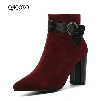 

Women Faux Suede Square Hugh Heel Ankle Boots Fashion Zipper Autumn Winter Boots Pointed Toe Buckle Shoes Women Black Green