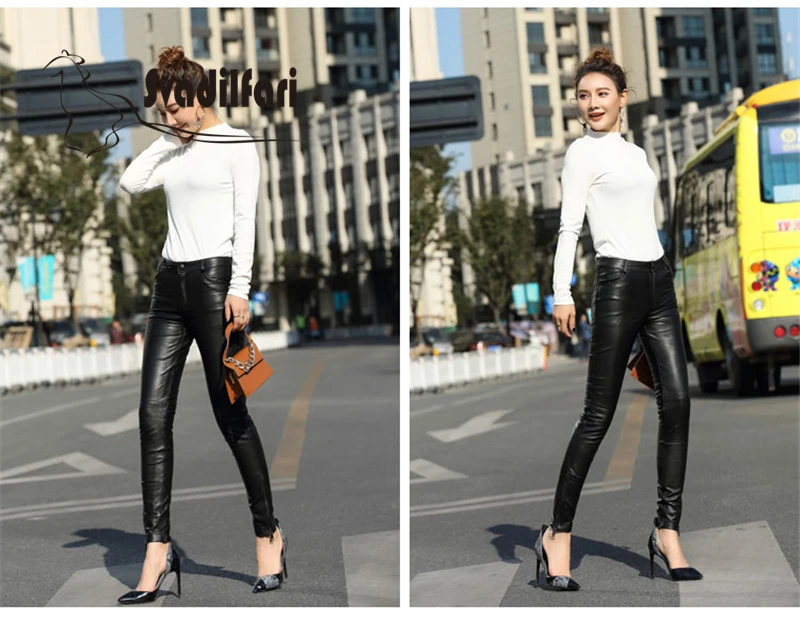 cargo pants 2021 new Real leather pants female sheep skin Leggings wear feet with zipper cashmere thickened in winter Slim Cut Skinny Pants white pants