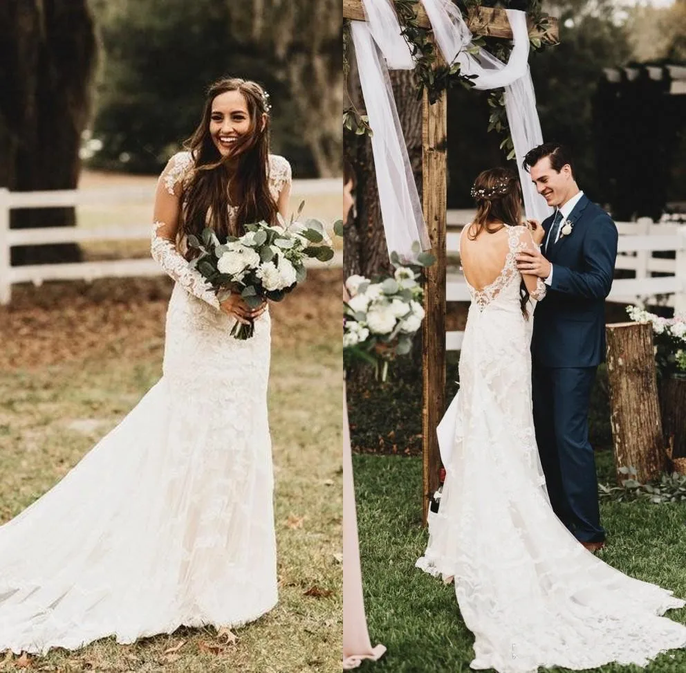 

Vintage Spring 2019 Lace Country Wedding Dresses robe de mariee Bohemian Sheer Long Sleeve Open Back Mermaid Wedding dress