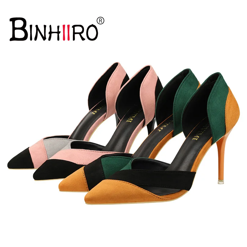 

BINHIIRO Spring Summer pumps women shoes Flock Pointed Toe Thin Heels Green Pink Size 34-39 Side Hollow Pointed Women Pumps 2019