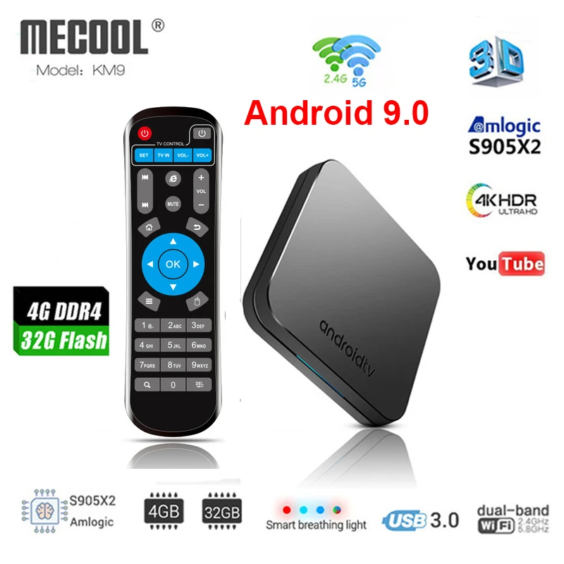 

MECOOL KM9 ATV Android 9.0 Smart TV BOX Amlogic S905X2 Quad core 4G DDR4 32G EMMC ROM Set Top Box 4K 3D H.265 Wifi media player