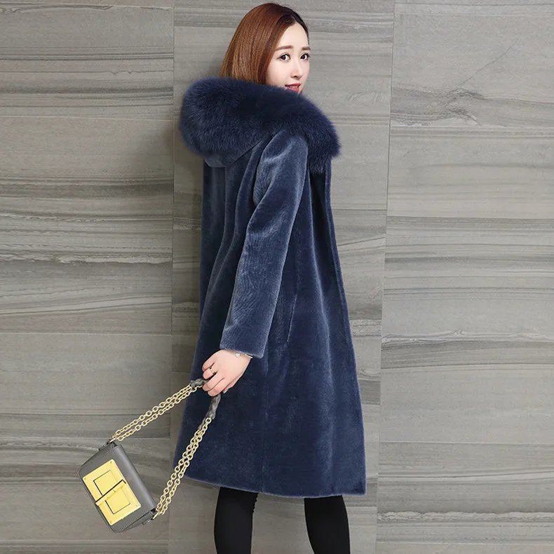 AYUNSUE женская шуба из натурального овечьего меха, пальто с капюшоном и воротником из лисьего меха, зимняя куртка средней длины размера плюс S-5XL NY701