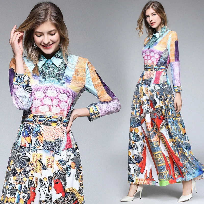 

2019 Spring Summer Fall Runway Retro Carton Print Collar Long Sleeve Women Lady Party Casual Empire Waist A-Line Maxi Dress