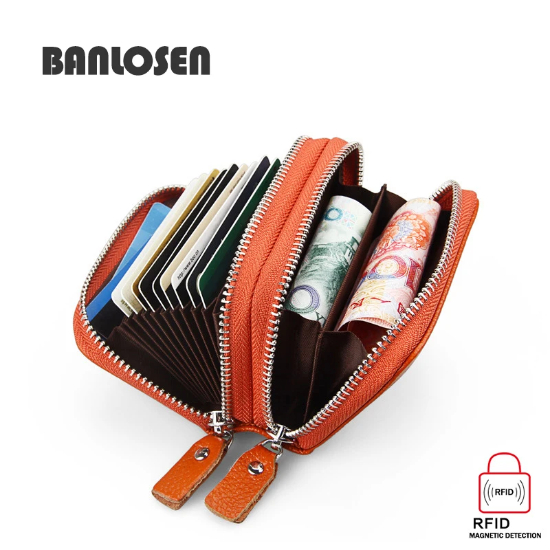 

Genuine Leather Card Holders Wallets RFID Protection Double Zipper Design With Coin Purses Women Men Card Case Purses Bag