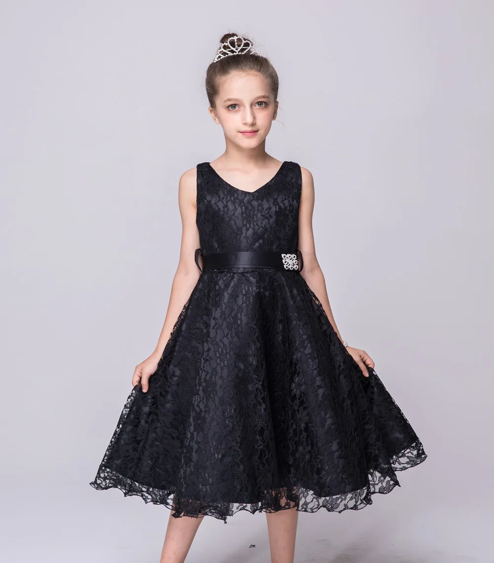 Estilo de Flor Vestidos com Strass Casamento da Dama Novo Meninas Vestidos Crianças Rendas Faixa Festa Honra Roupas 6 Mamãe e Bebê
