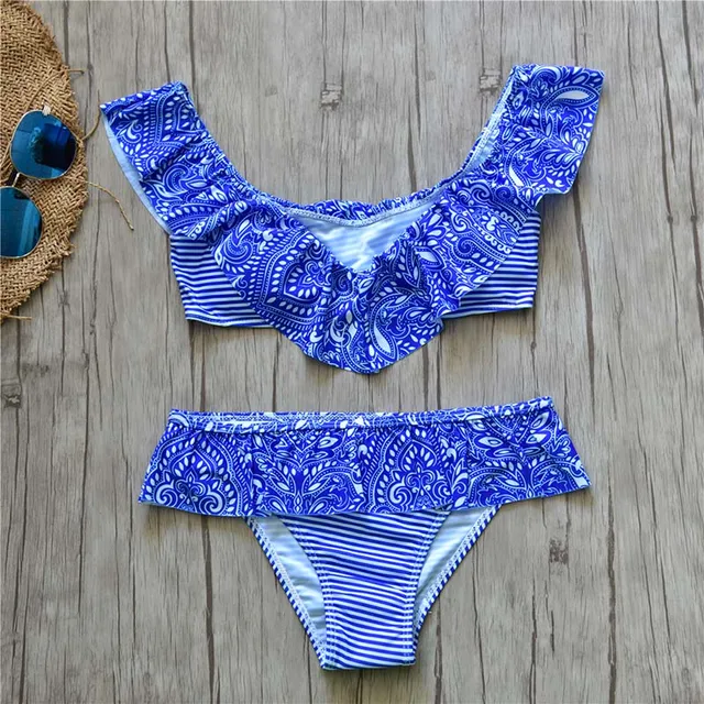 2019 HOT Blue Deep V Bikini Set Women SEXY Ruffles Bikinis Mujer Top ...