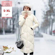 Новая зимняя модная женская длинная толстая белая куртка-пуховик на утином пуху, женское теплое пуховое пальто с отложным воротником, тонкая ветрозащитная верхняя одежда