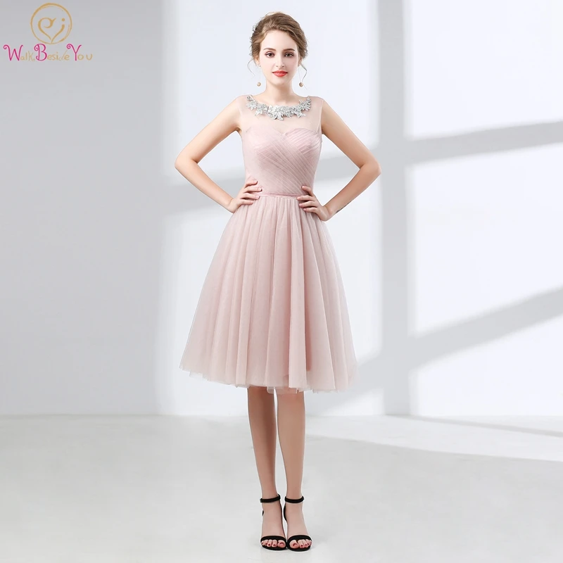 

Pink Cocktail Dresses Knee-length Sleeveless Jewel Appliques Neck Pleat 2019 Custom Made Tulle Zipper Back Lively Cocktail Gown