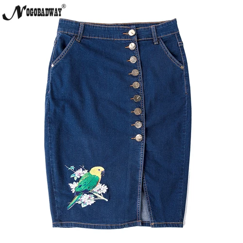 Blue embroidered Летняя Цветочная джинсовая юбка с вышивкой, женская джинсовая юбка-карандаш с высокой талией, с разрезом, приталенная, до колена, размера плюс, на пуговицах, saia, новинка - Цвет: Blue embroidered