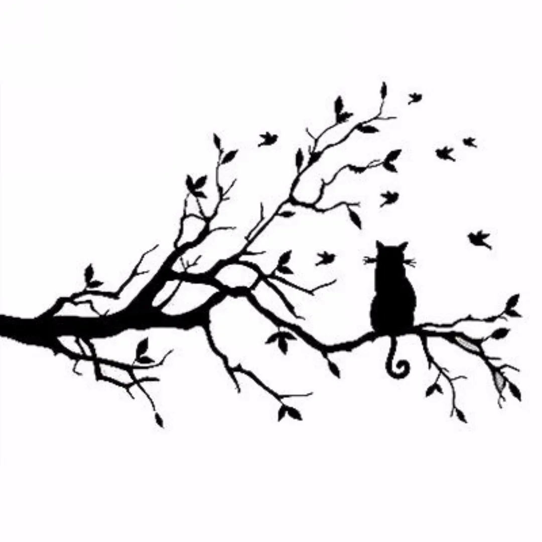Large Cat On A Branch Tree Birds Wall Sticker Vinyl Art Decal Window Decal Stencil For Kids Room Decor Adesivo De Parede