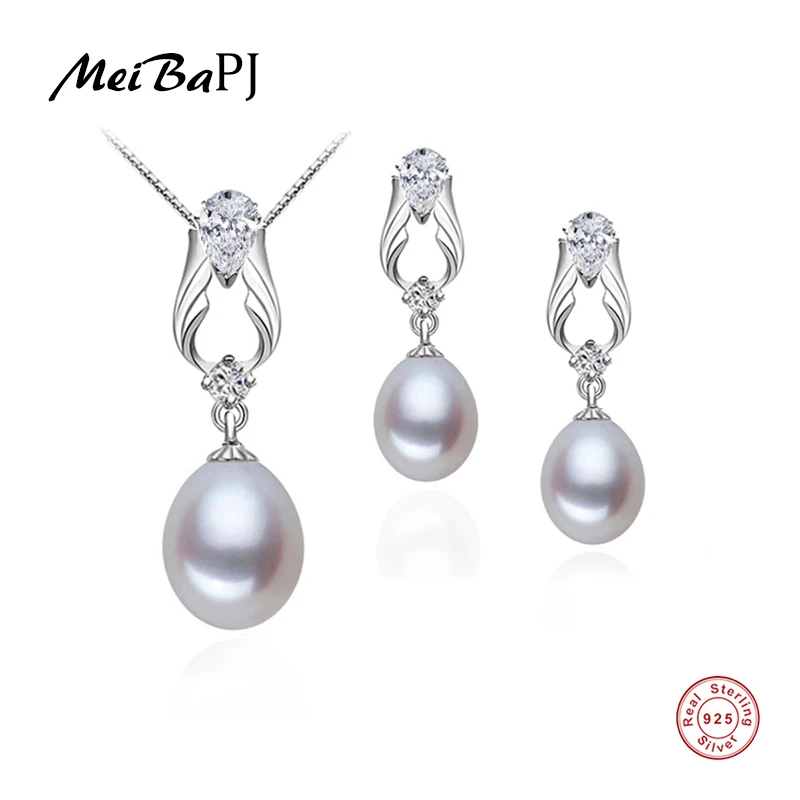 

[MeiBaPJ]Women 4A High Quality Real Natural Pearl Jewelry Sets Fashion Real S925 Sterling Silver Red Stone Pendant Ear Studs