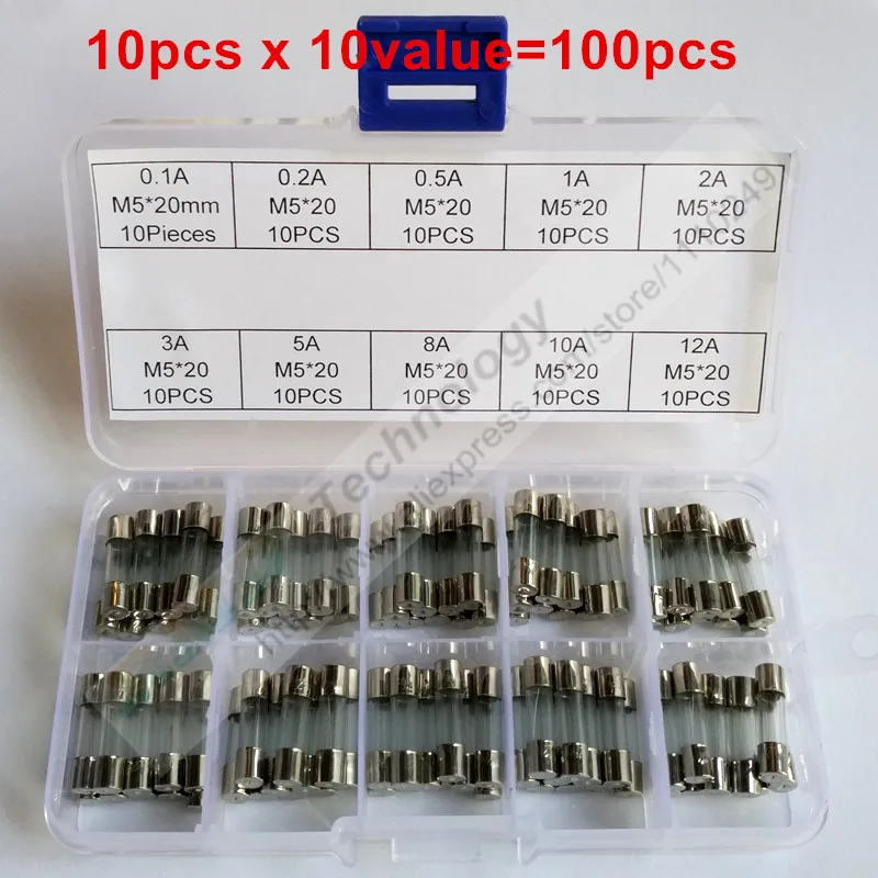 

100pcs Fast Quick Blow Glass Tube Fuse 10pcs x 10 value Assortment Kit, 5 x 20 mm, 0.1A 0.2A 0.5A 1A 2A 3A 5A 8A 10A 12A /250V