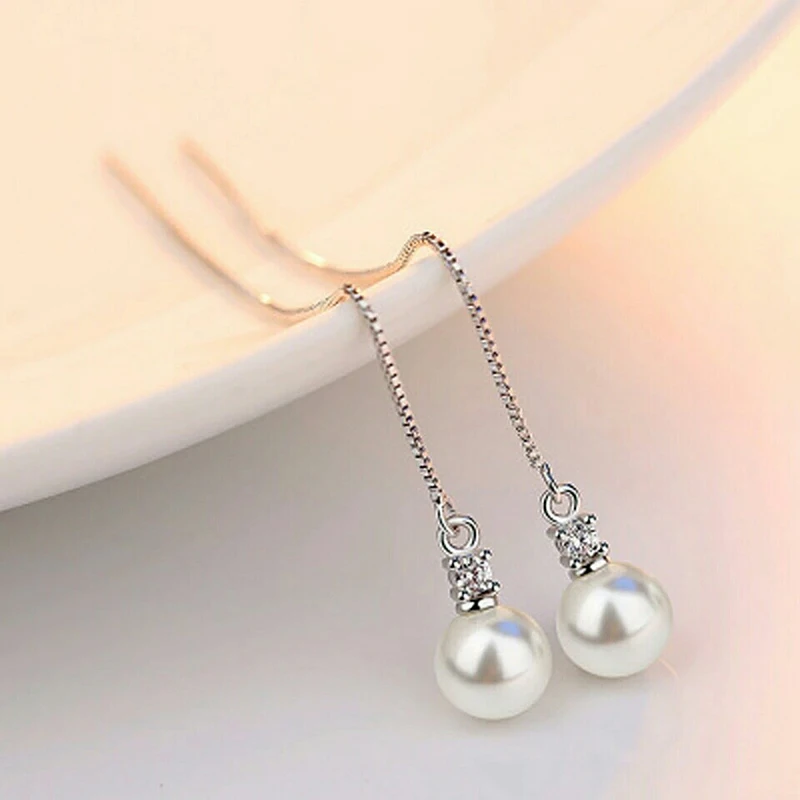 

Korean Simple Simulated Pearl Long Drop Earrings Chain Ear Jewelry Silver Color Charm Dangle Earrings for Women Hanging Brincos