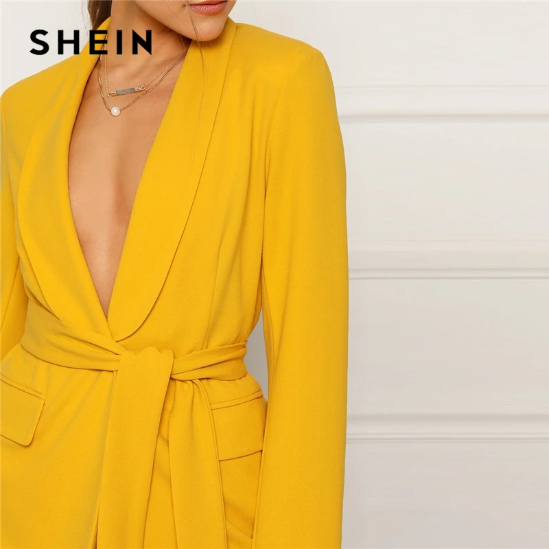 SHEIN Однотонный Блейзер С Поясом Жакет Длинным Рукавом Яркий В Стиле