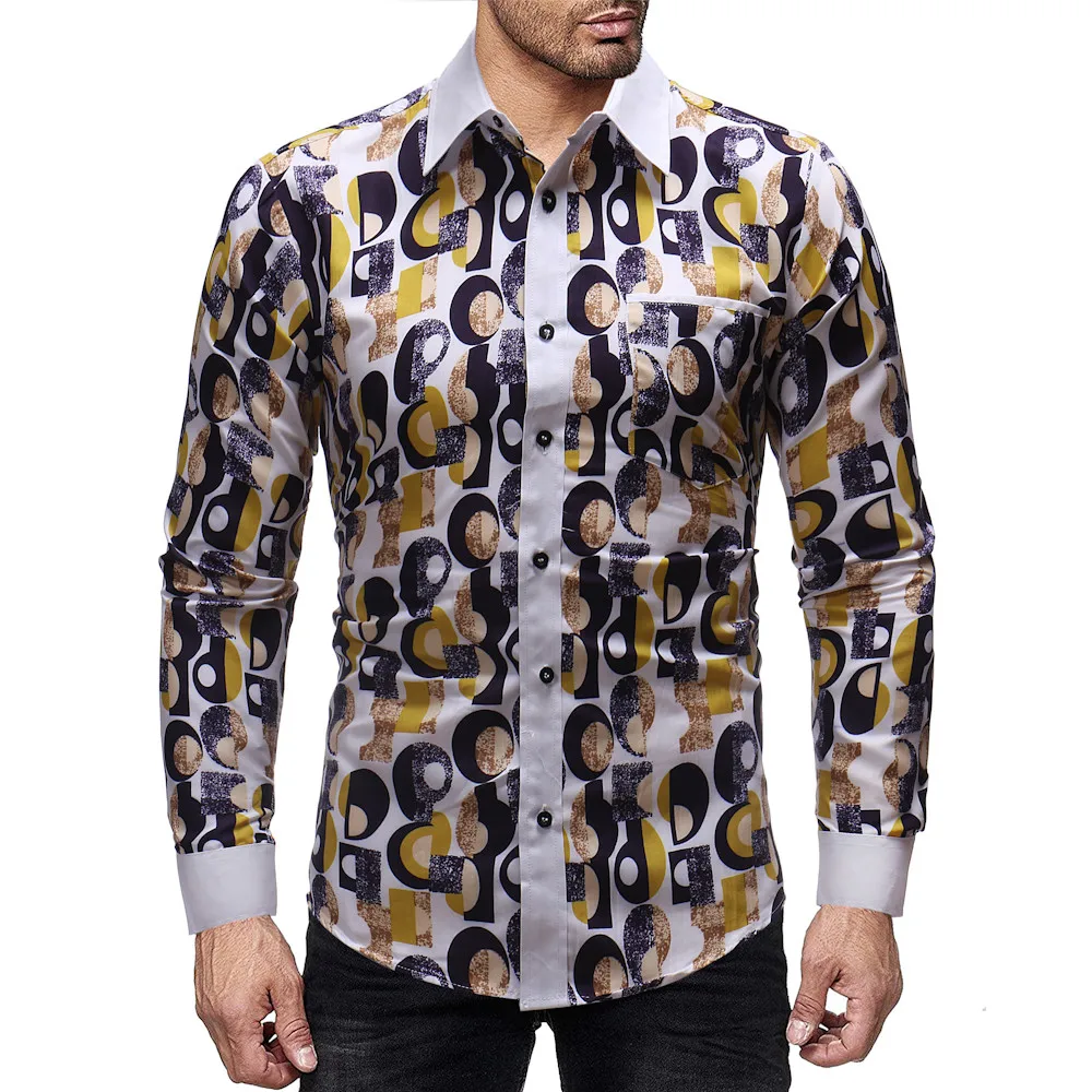 Lncdis Casual Long Sleeve Blouse Men Slim Fit Funny Printed Shirt