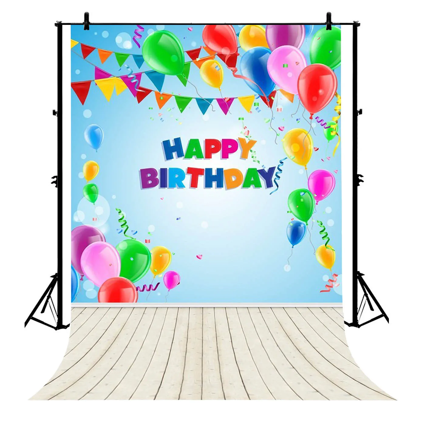 

5x7ft Stripe Wooden Floor Happy Birthday Colorful Balloon Flags Polyester Photo Background Portrait Backdrop