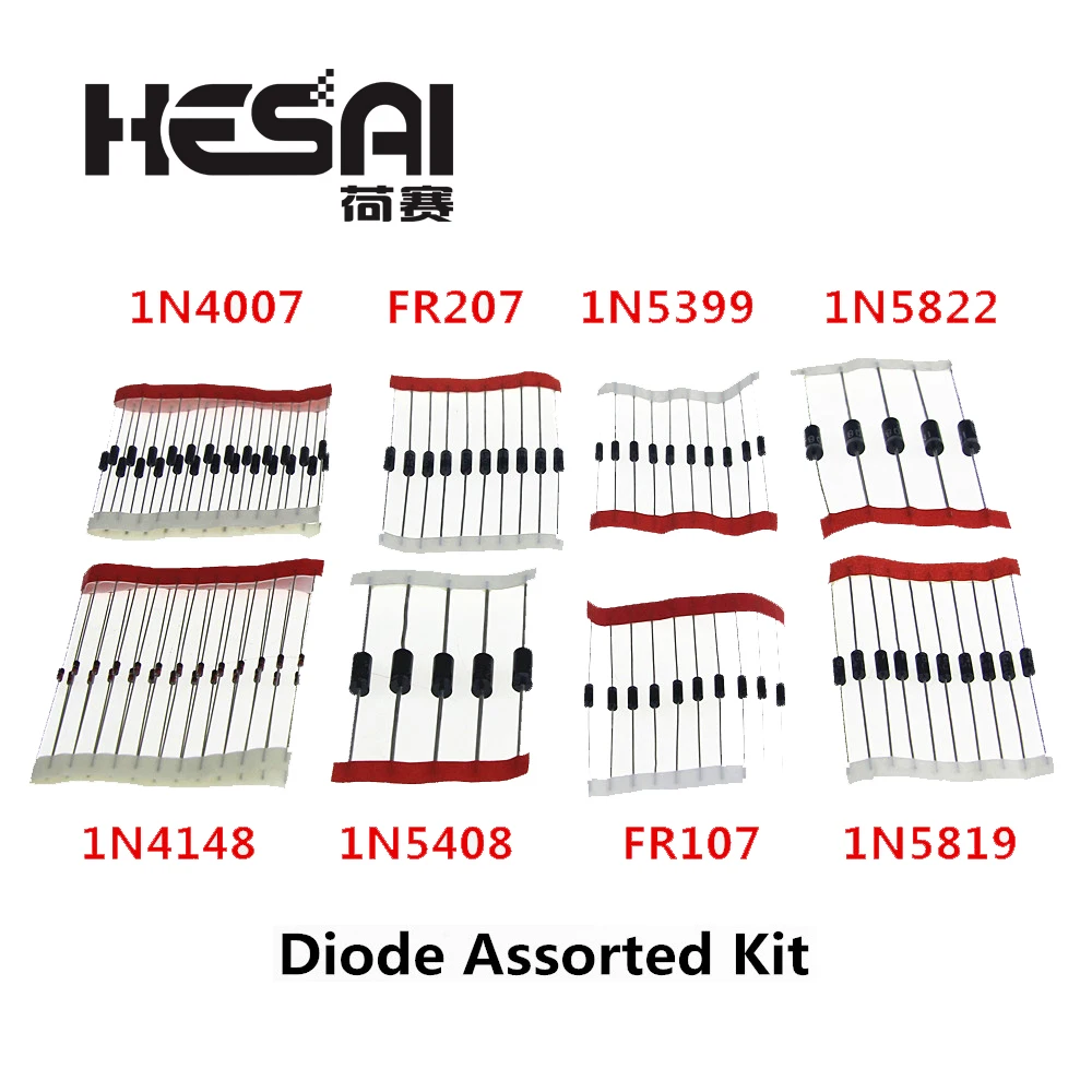 

1N4007 1N4148 1N5819 1N5399 1N5408 1N5822 FR107 FR207,8values=100pcs,Electronic Components Package Diode Assorted Kit