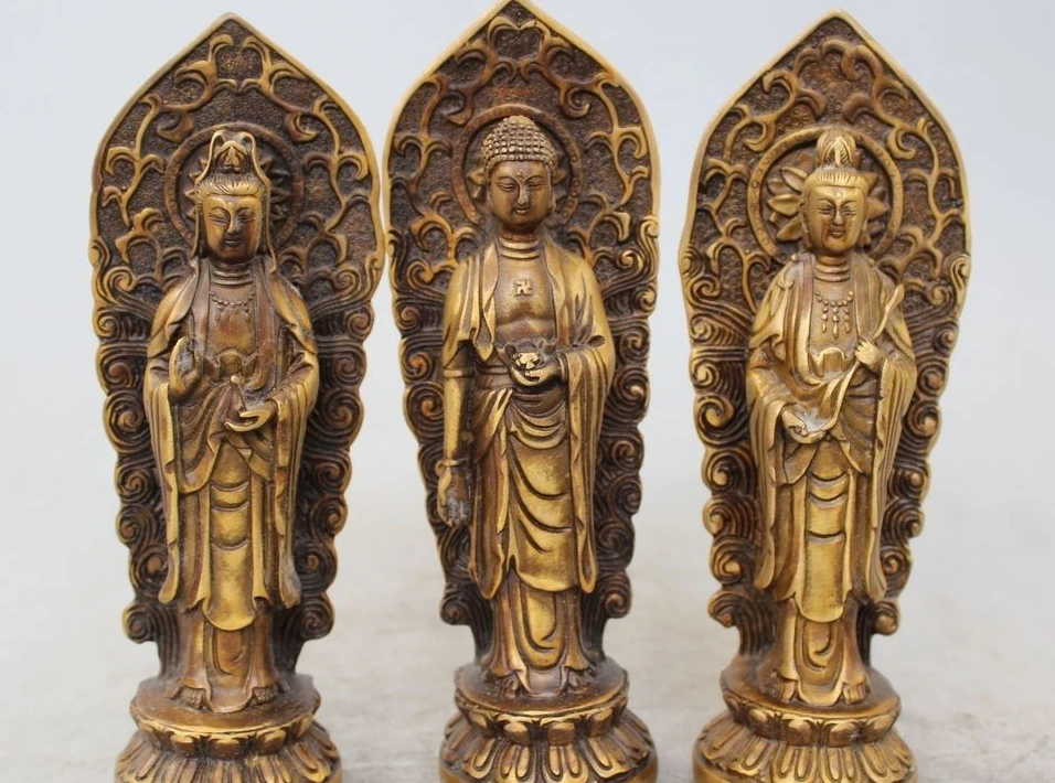

7"Tibet Bronze Three Western Saints buddha (Amitabha) Guan yin and Dashizhi SET