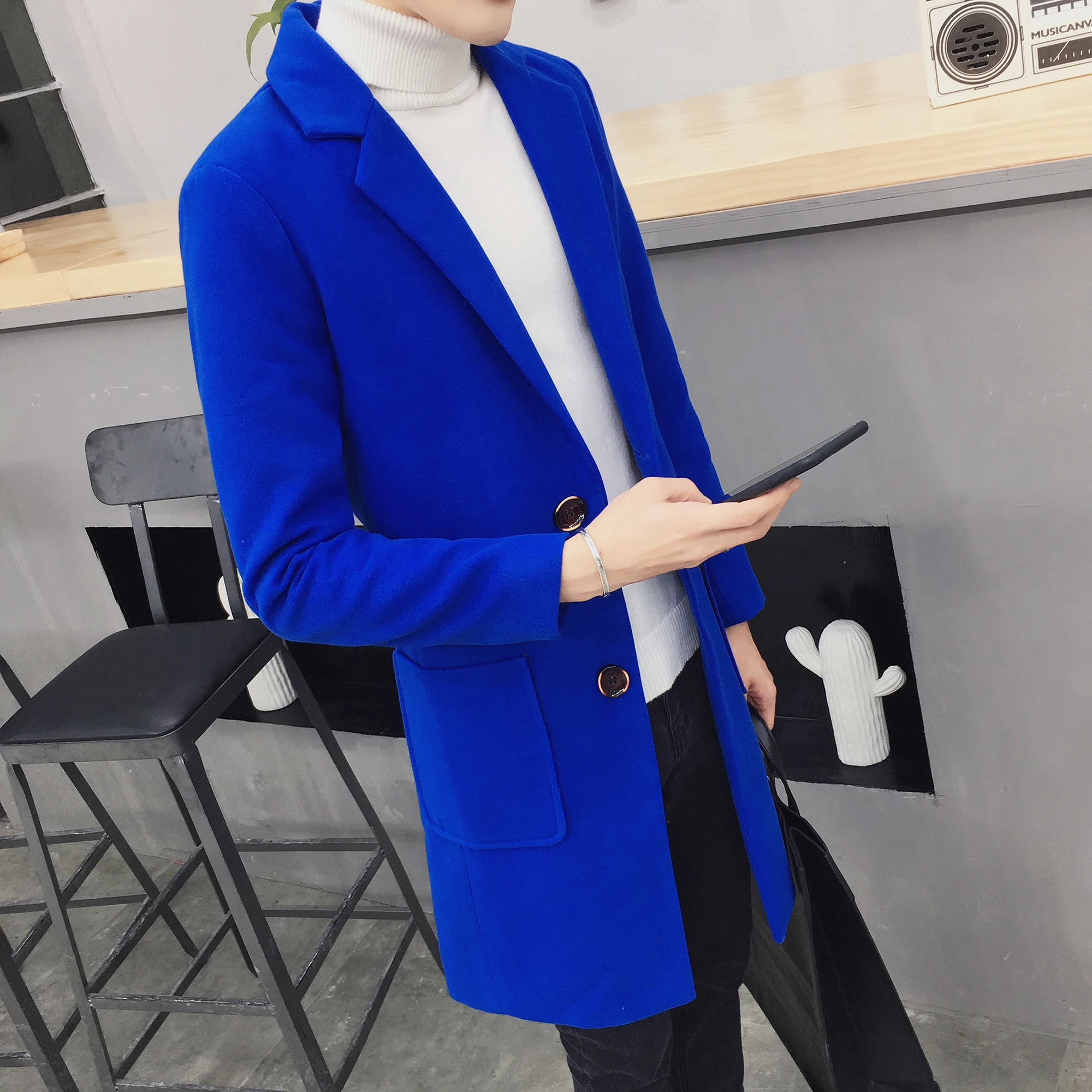 

XMY3DWX fashion male high-grade slim Fit long Woolen cloth coat/Men's pure color single-breasted tweed trench coat S-XXL jackets