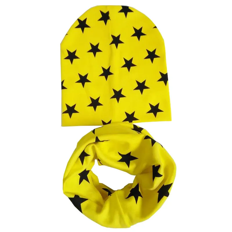 Осенне-зимние вязаные детские шапочки, шапка унисекс с рисунком, хлопковая шапка для мальчиков, детская шапка, шапка для девочек, детская шапка, комплект, шарф, воротник - Цвет: Yellow star set
