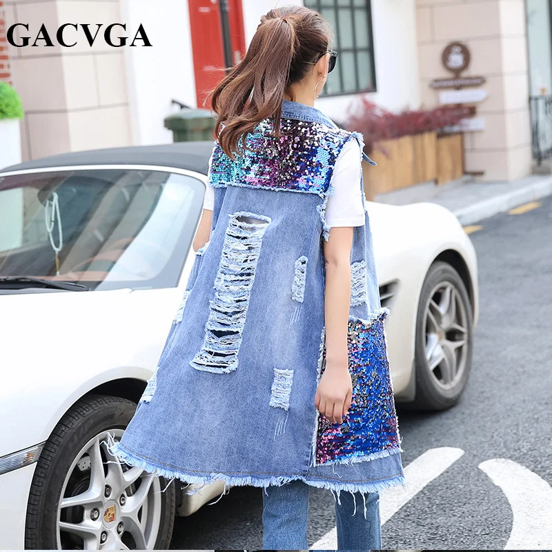 GACVGA 2019 весна осень длинный кардиган джинсовая куртка с блестками Джинсовая без