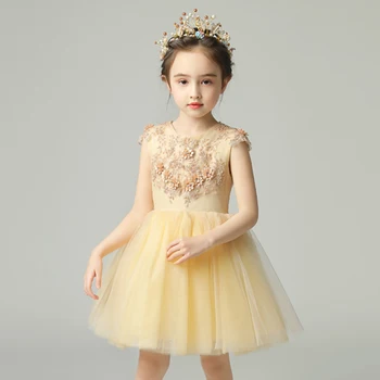 

Lovely Beads Vestidos Communion Dresses Short Flower Girl Dress O-neck Princess Brithday Banquet Lace Applique Wedding Pageant
