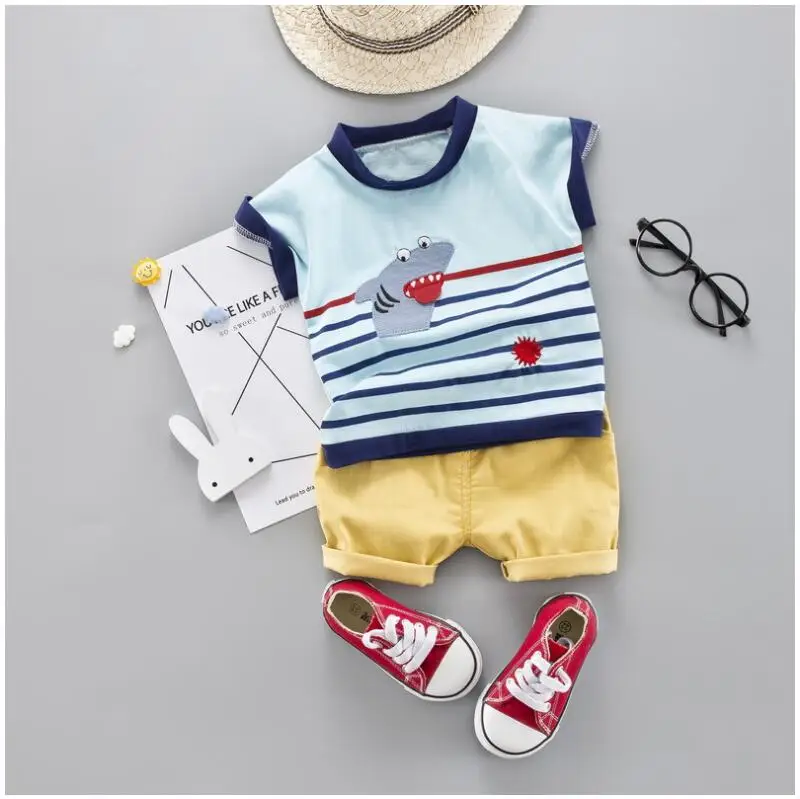 

Toddler Baby Boy Summer Clothes Set Striped Cartoon Shark Children Clothing Short Sleeve Shirt Infant Suit