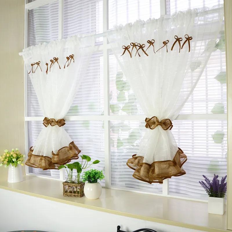 2pcs Customizable Short Tulle Curtain with Ties Pastoral Kitchen Curtains Small Sheer Curtain Drapes for Cabinet/Balcony/Window