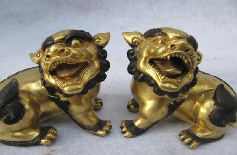 

Royal Palace 100% Pure Bronze 24K Gold Gild Evil Door Fu Foo Dog beast Lion Pair 8.02