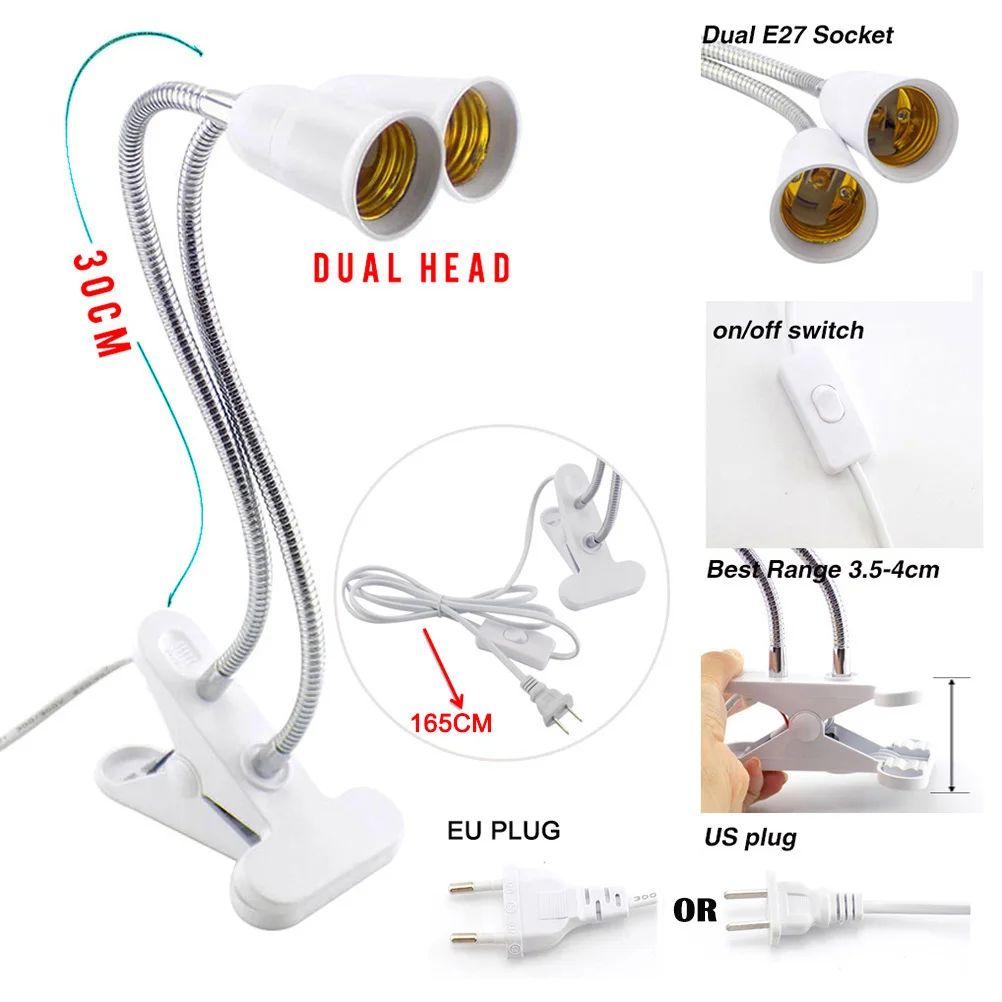 2 головки E27, гибкий держатель для лампы, ночник, переключатель, держатель, настольная клипса, штепсельная вилка, EU, US, UK, для книги, гостиной, лампа для выращивания