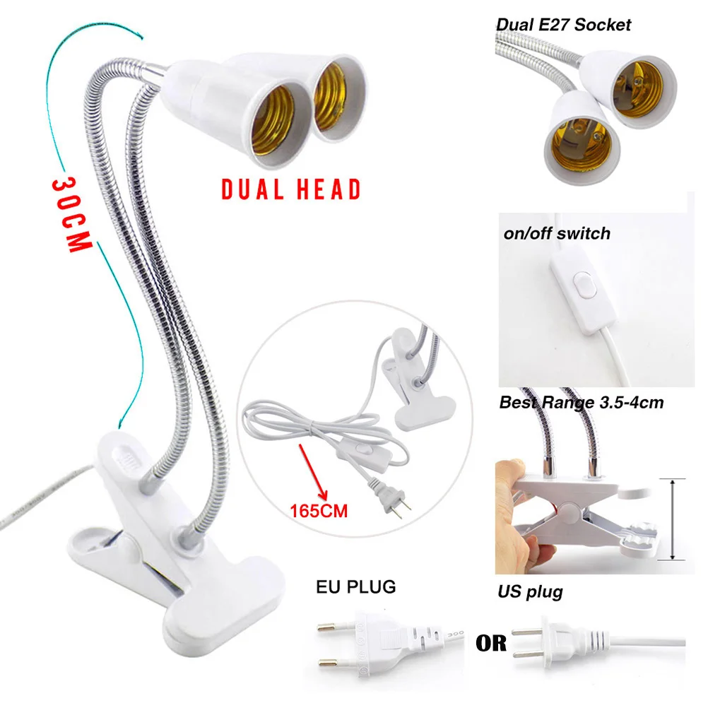 E27 Flexible Lamp base Holder Table desk Clip E27 Base Led Lamp for Book grow Lights 360 holder EU US UK On off Switch Plugs
