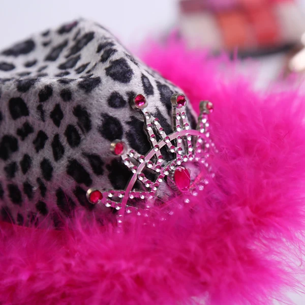 Девичник подарок Мода Gemstone диадемы леопардовым принтом Мини Top Hat с розовым перо поля для девичник свадьба поставок