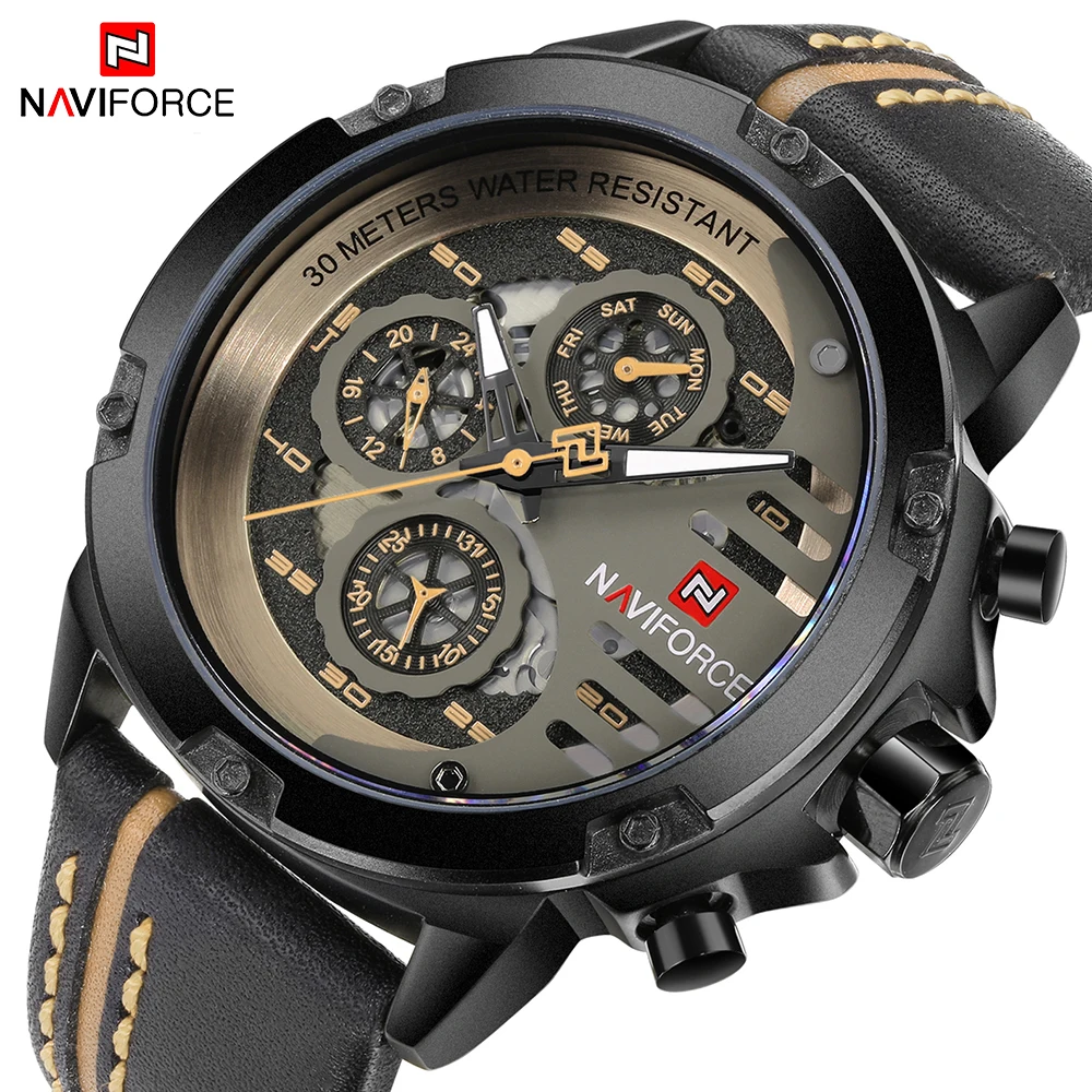 NaviForce NF9074 Mens Sports Leather Wrist Quartz Watch 