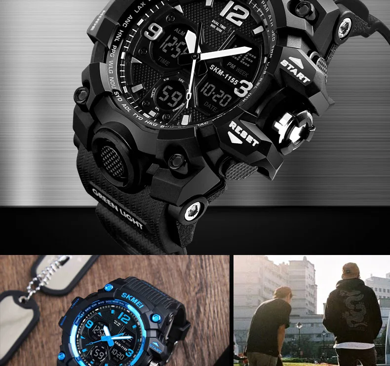 SKMEI мужские спортивные часы цифровые хронограф двойные Time сигнализация смотреть 50 м watwrproof EL Light наручные часы Relogio masculino 1155B