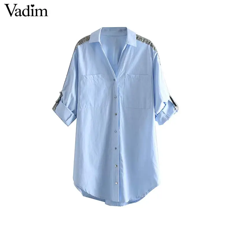 

Vadim women polka leopard blouse sexy V neck vintage spliced button long sleeve office lady style shirts female tops blusasLB118
