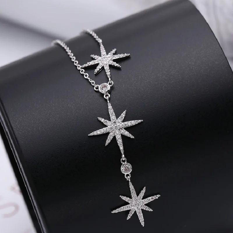 

Newest European and American fashion casting three star paving rhinestone necklace New collarbone necklace silver
