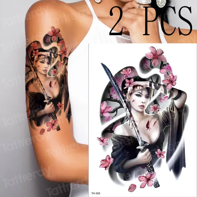 

temporary tattoo geisha japanese samurai tattoos sheets tattoo removable waterproof tatoo sticker body women wholesale 2pcs/lot