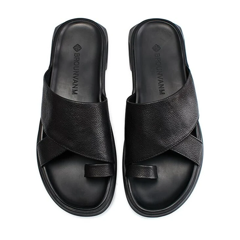 US 6-9 Men's Summer Flip-Flop Slippers Litchi Stria Sandals Cow leather Trendy Man Nonslip Outdoor Slides