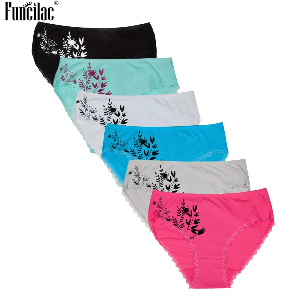 

FUNCILAC Cotton Plus Size Women Underwear Sexy Lace Briefs Print Ladies Panty Lingerie 4XL Underpants Solid Simple 6Pcs/Lot