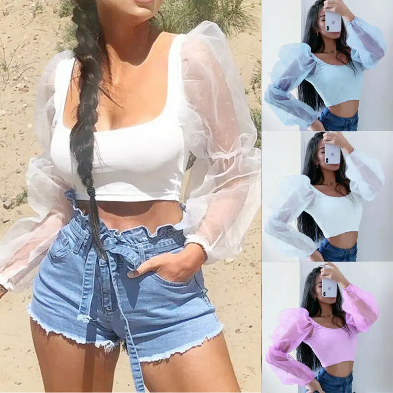 

New Style Women T-Shirts Summer Tee Sheer Puff Long Sleeve Casual Slim Tops T-Shirt See Through Solid Summer Gift Fashion 2019