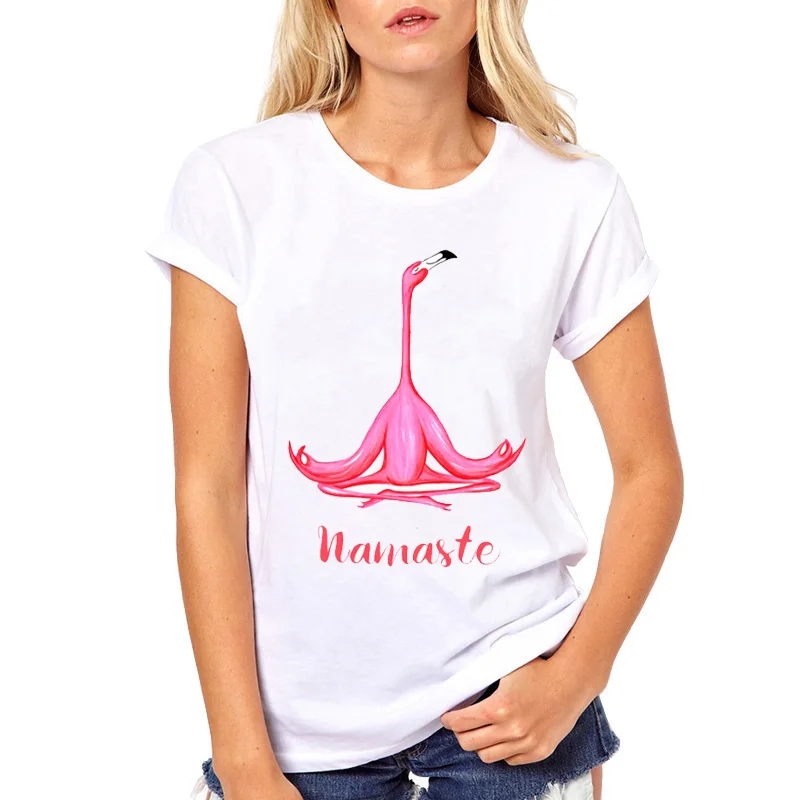 

New T shirt Women Meditating flamingo yogi and namaste Summer Women Pink Flamingo Zen Art Print Casual Tops maiden hipster tee